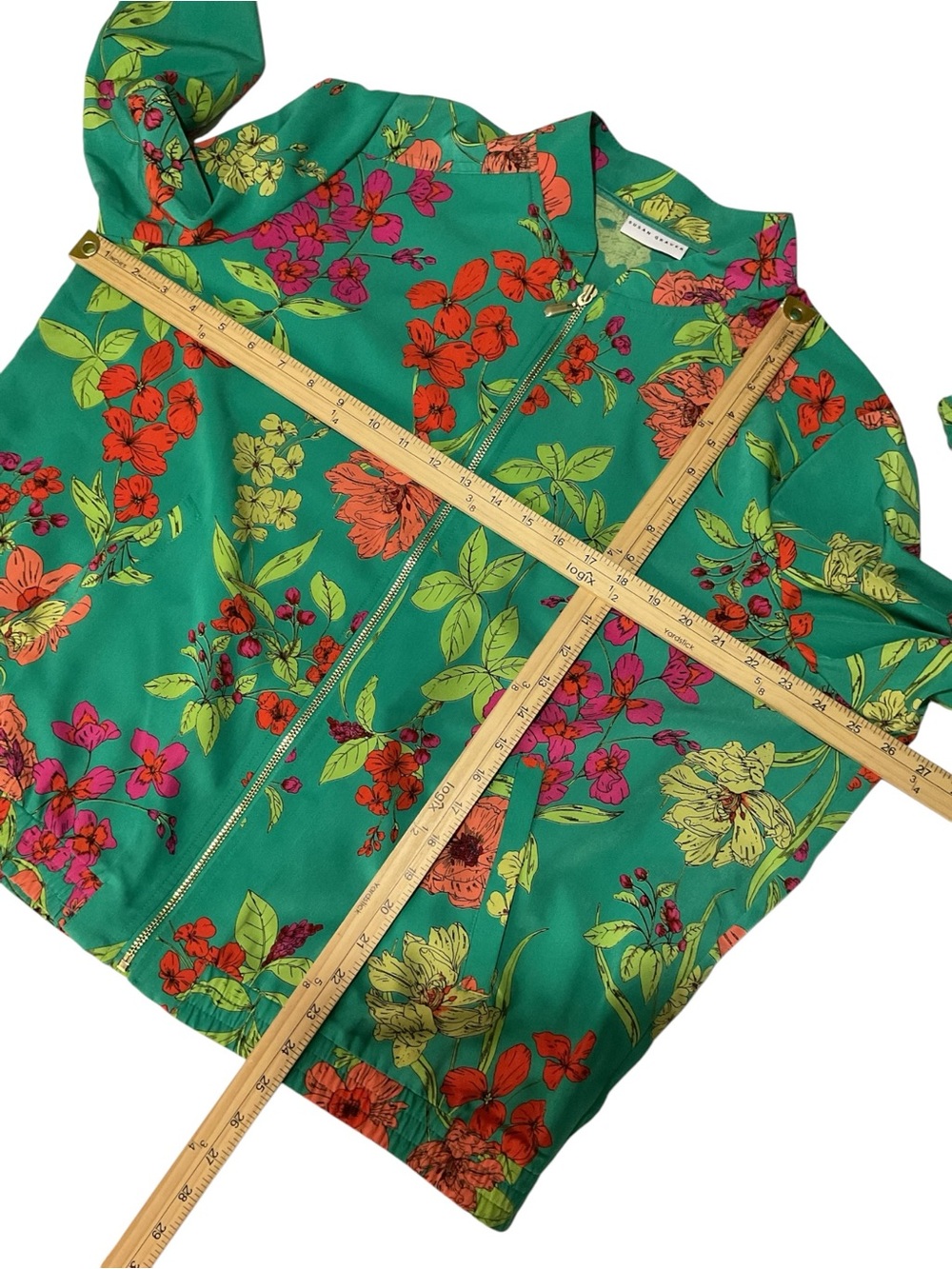 Susan Graver Floral Zip Front Jacket 1X Green Tropical Lightweight Blazer - Picture 4 of 6